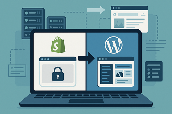 A_visually_appealing_illustration_of_transitioning_from_Shopify_to_WordPress_The_image_shows_a_laptop_screen_split_into_two_halves_The_left_half_displays_the_Shopify_logo_and_a_locked_website_icon_representing_restric.png